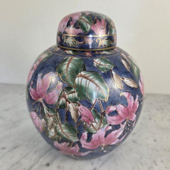 Vintage Floral Lily Enamel Ceramic Ginger Jar